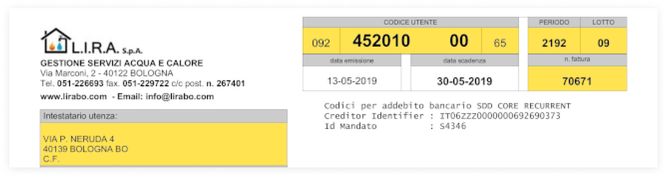 instestazione-bolletta Dettaglio bolletta bonifico bancario